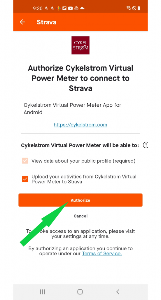 authorize Cykelstrom virtual power meter to connect to Strava